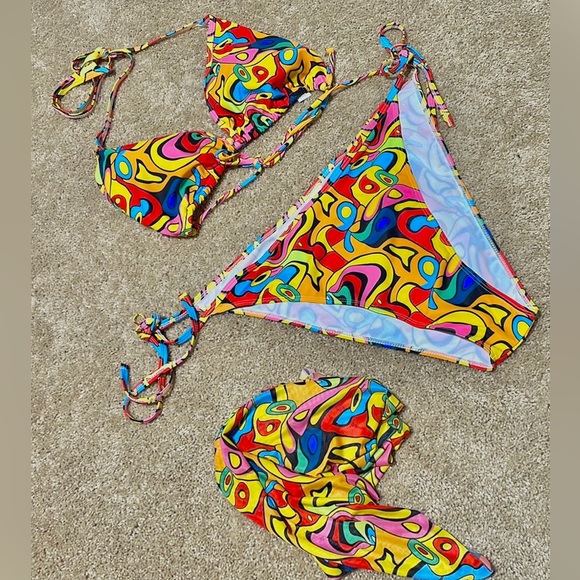 NWT (XXXL/3X) geometric colorful string bikini high leg with matching gauze wrap - Picture 4 of 12